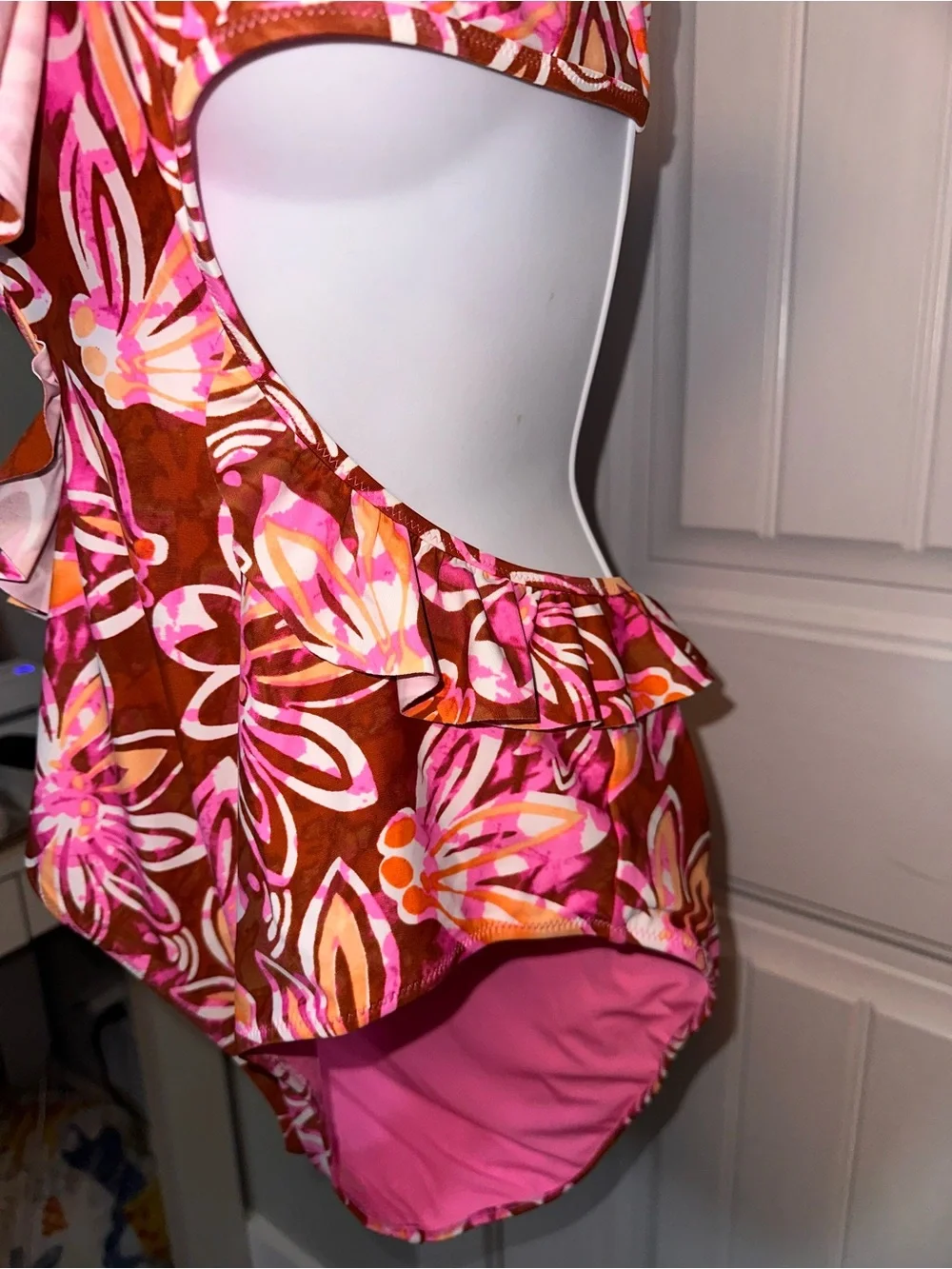 NWT Aerie Size Large Floral Halter Cutout One-Piece Swimsuit Ruffles Pink Brown